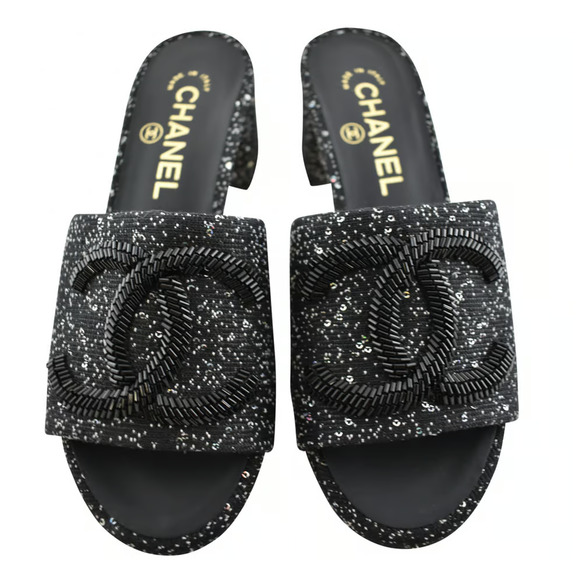 Chanel 19P Black White Fabric CC Logo Backless Slide Mule Sandal Block Heel 35 - Picture 1 of 12